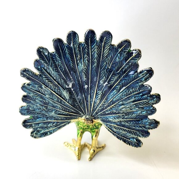 Peacock Decorative Box Trinket Jewelry Box Hinged Jeweled Gold Enamel Painted - Picture 7 of 13
